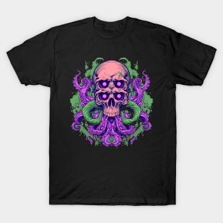 Trippy Retro Skull with Octopus Tentacles T-Shirt